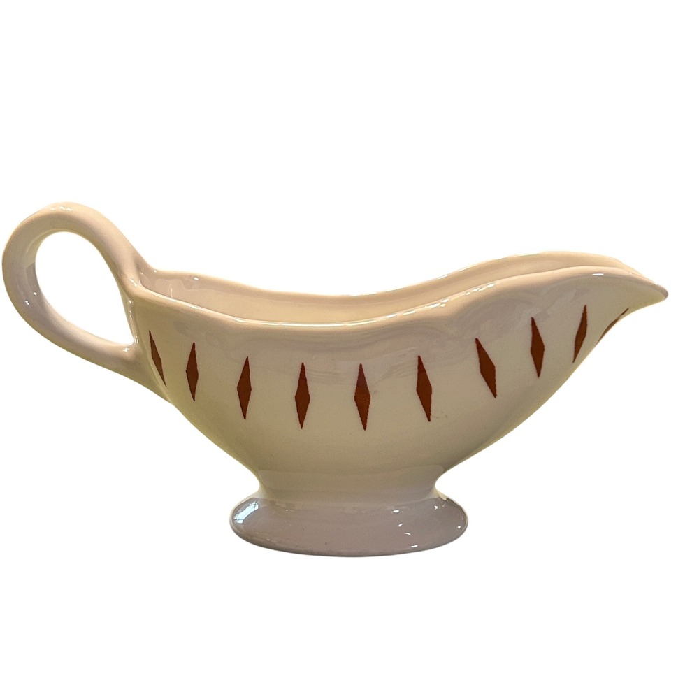 Homer Laughlin Gravy Boat White Brown‎ Diamond MCM Best China Rare